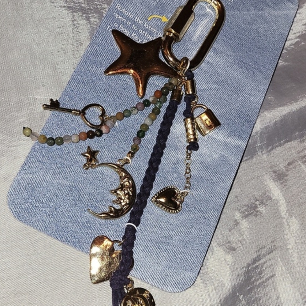 Atterri Moon, Star, Key, Lock Gold and Black Bag Charm Keychain